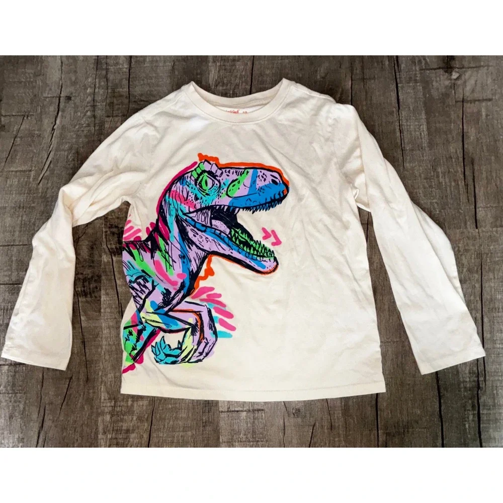Cat & Jack Kids Cream Long Sleeve Neon Dinosaur Graphic Tee Shirt Size M 8